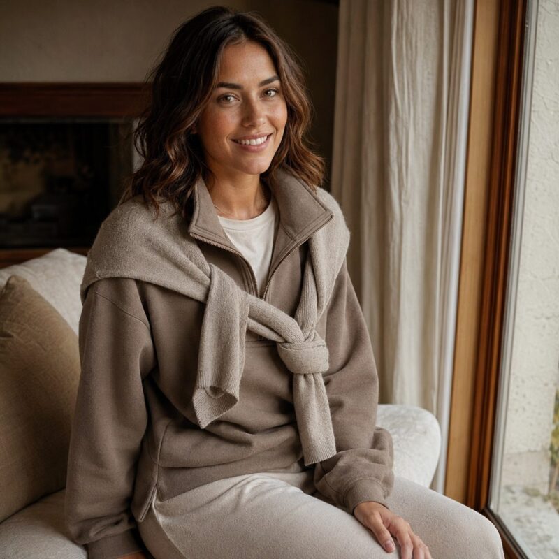 Kestrel half-zip fleece pullover — Fleece Loungewear by MOUDEST. worn by a model.