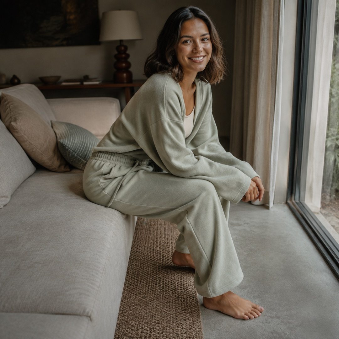 Hazelmere wide fleece jogger — Fleece Loungewear by MOUDEST. worn by a model.
