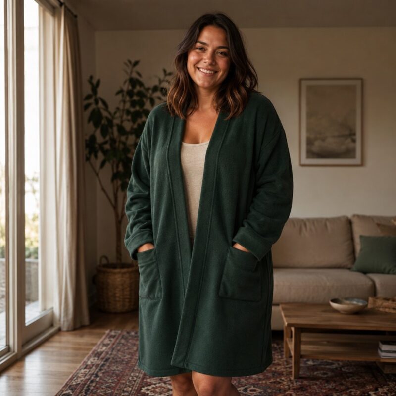 Thornbury fleece lounge robe — Fleece Loungewear by MOUDEST. worn by a model.