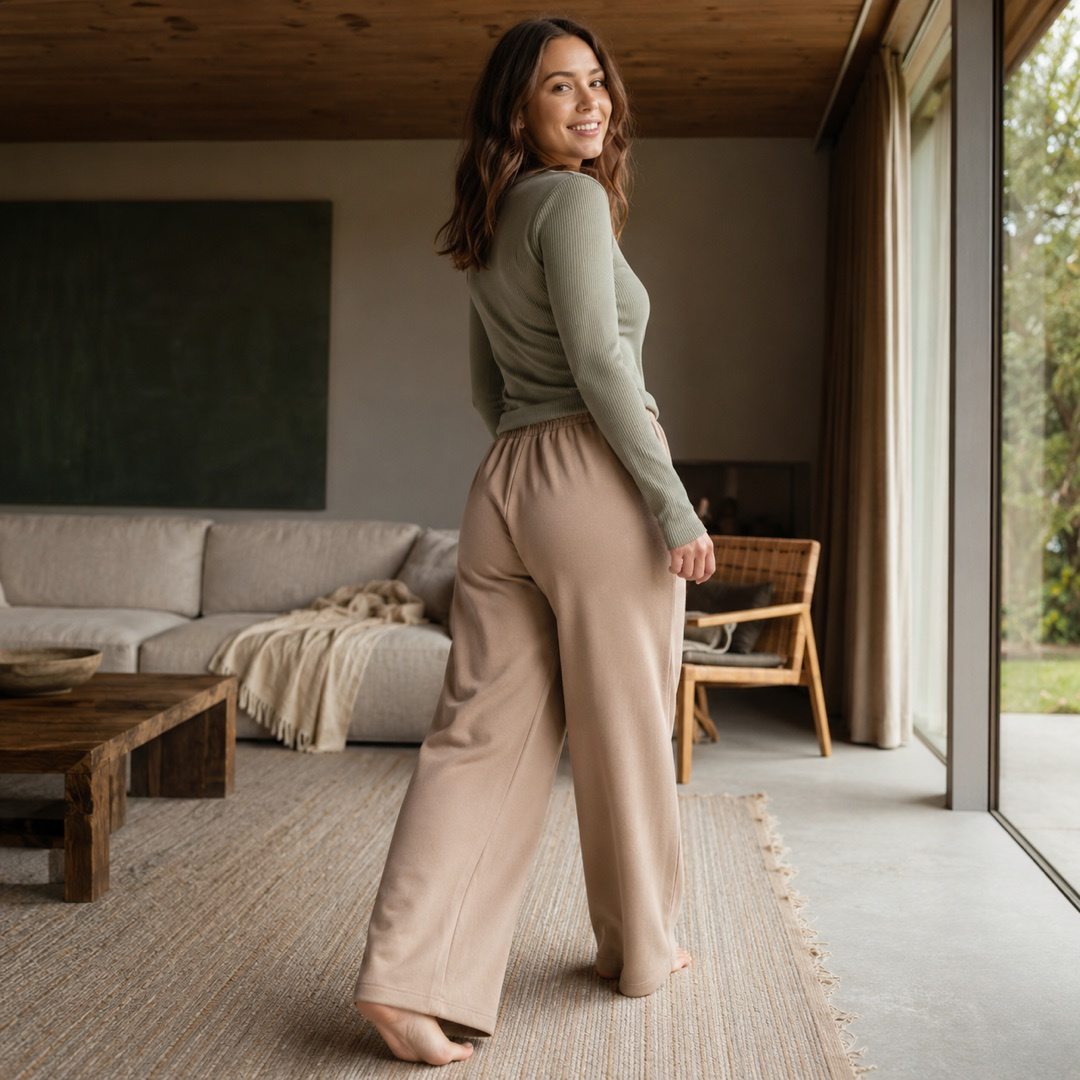 Hollington wide fleece jogger — Fleece Loungewear by MOUDEST. worn by a model, side view.