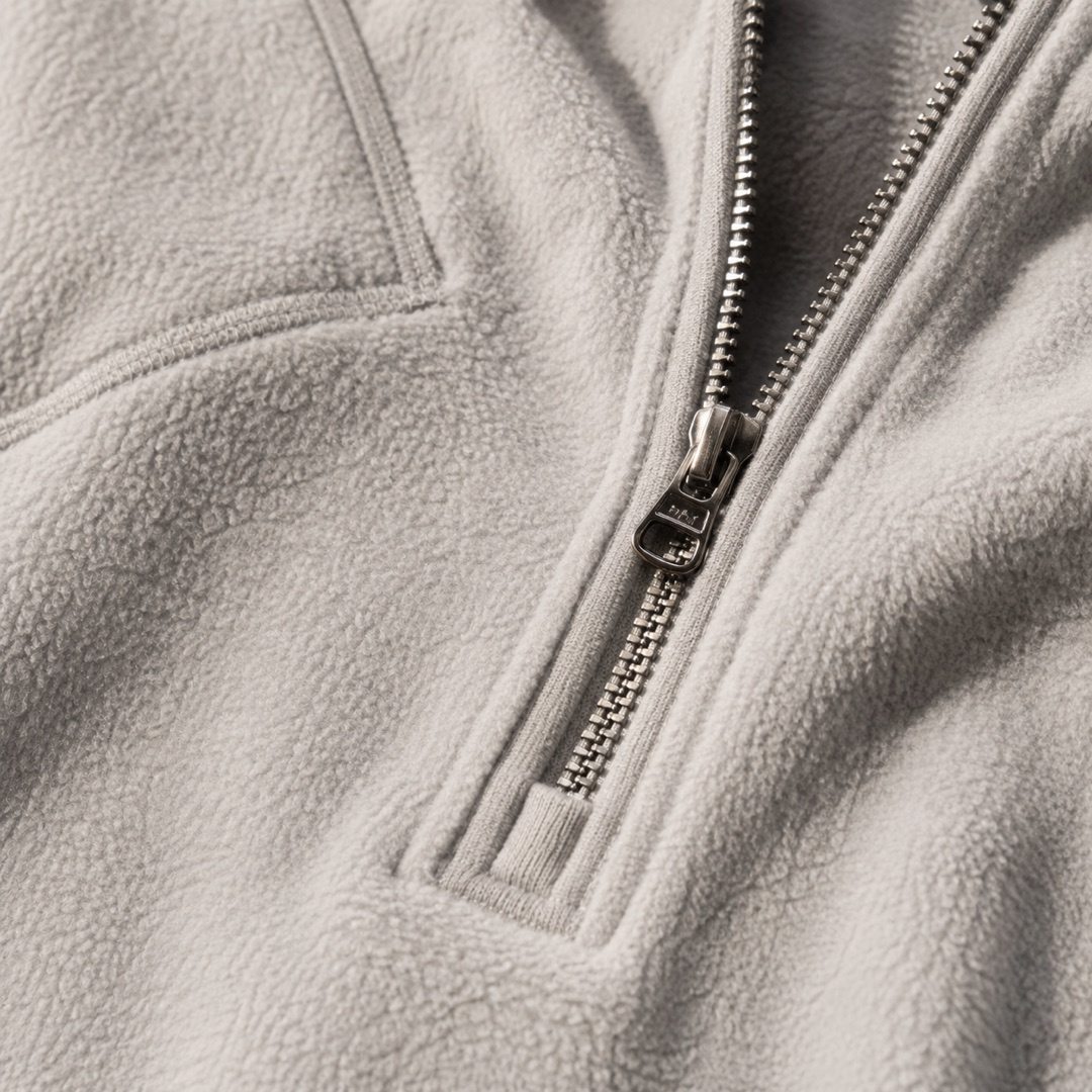 Alderway half-zip fleece pullover — Fleece Loungewear by MOUDEST. close detail of the fabric and finish.
