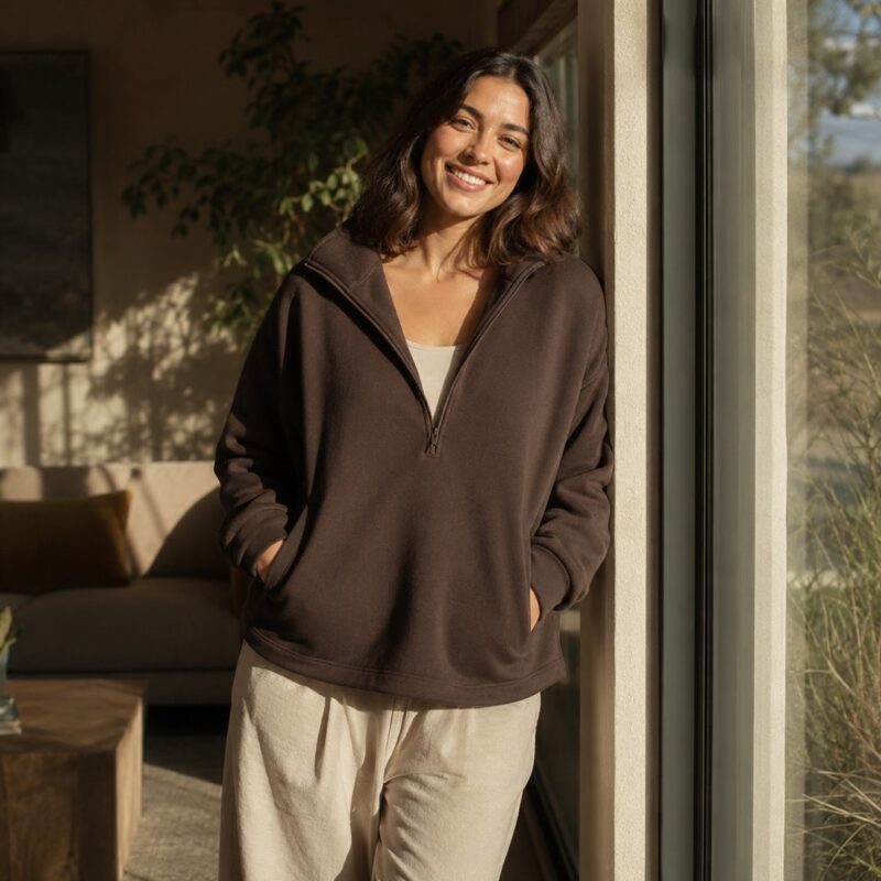 Alderway half-zip fleece pullover — Fleece Loungewear by MOUDEST. worn by a model.