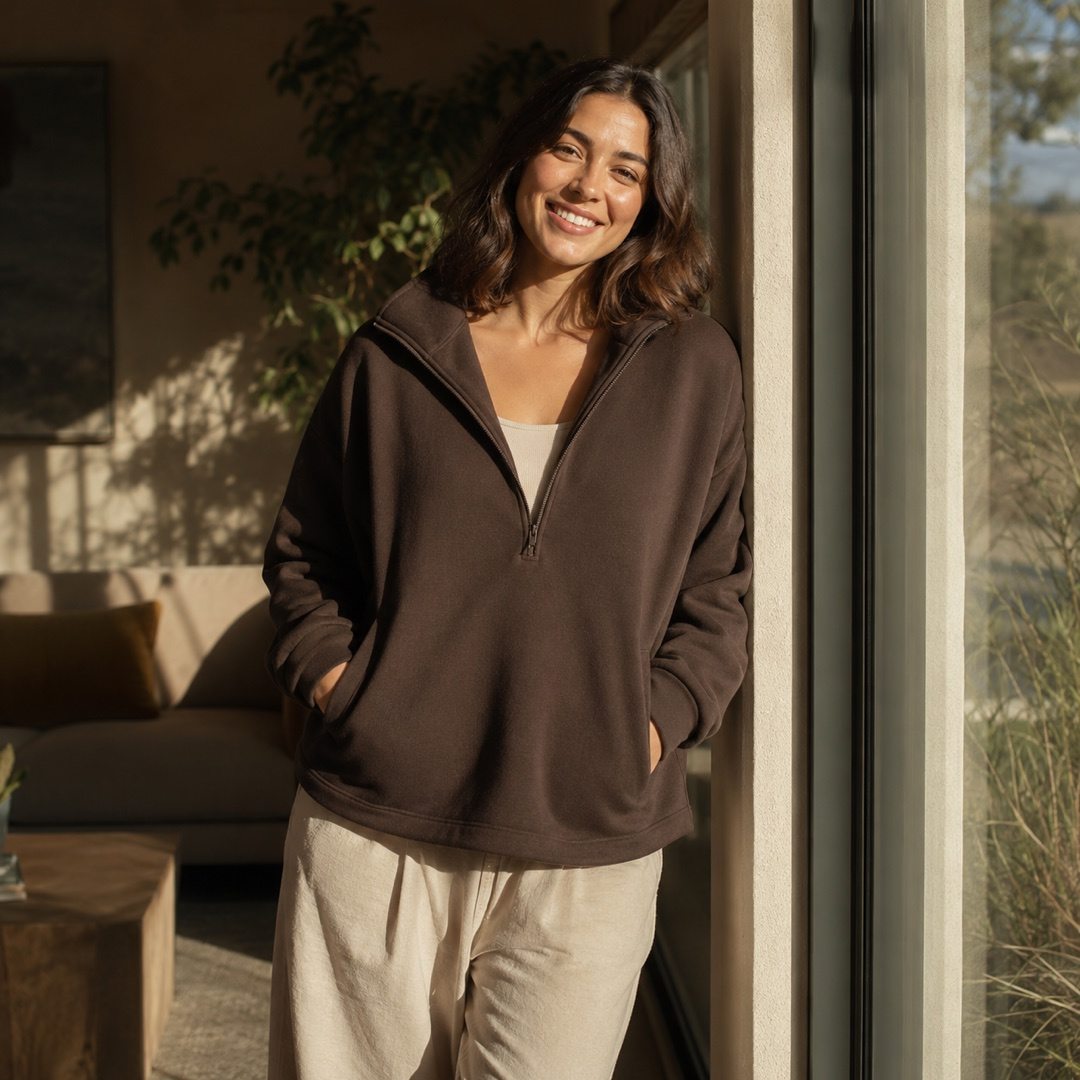 Alderway half-zip fleece pullover — Fleece Loungewear by MOUDEST. worn by a model.