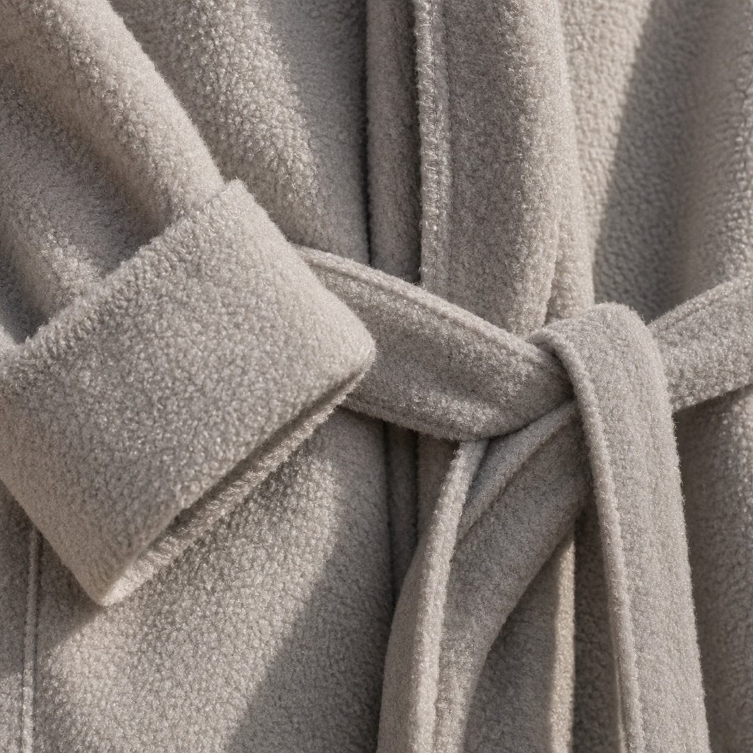 Larkspur fleece lounge robe — Fleece Loungewear by MOUDEST. close detail of the fabric and finish.