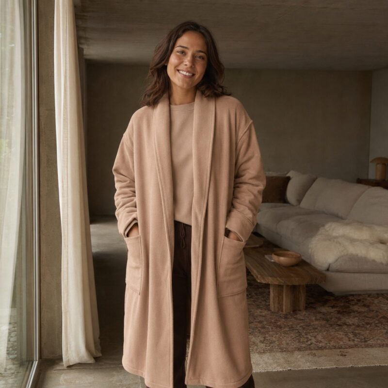 Larkspur fleece lounge robe — Fleece Loungewear by MOUDEST. worn by a model.