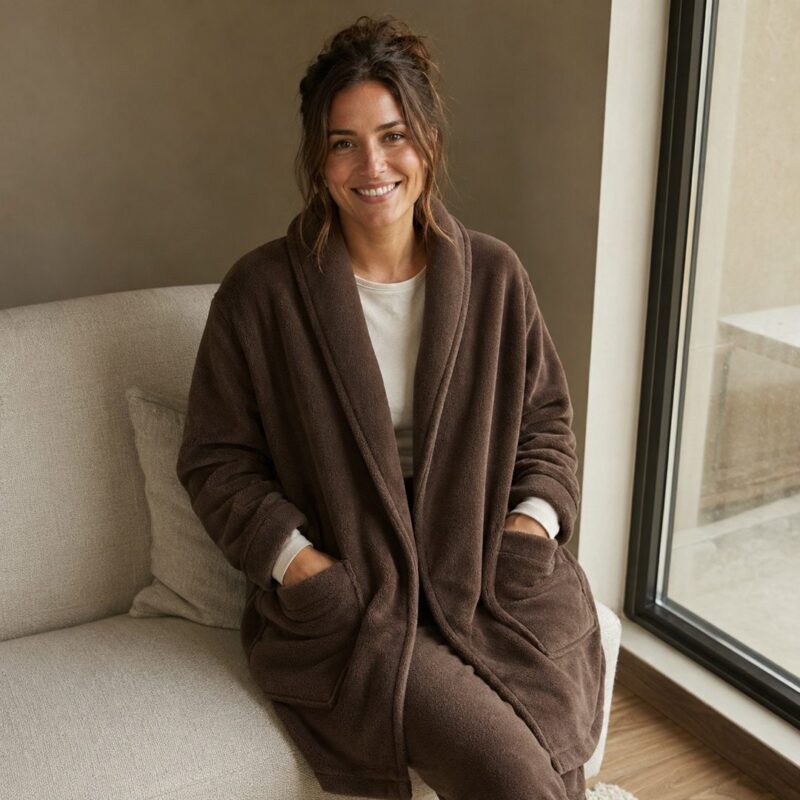 Rushmere fleece lounge robe — Fleece Loungewear by MOUDEST. worn by a model.