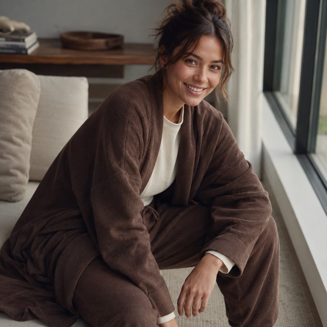 Rushmere fleece lounge robe — Fleece Loungewear by MOUDEST. worn by a model, side view.
