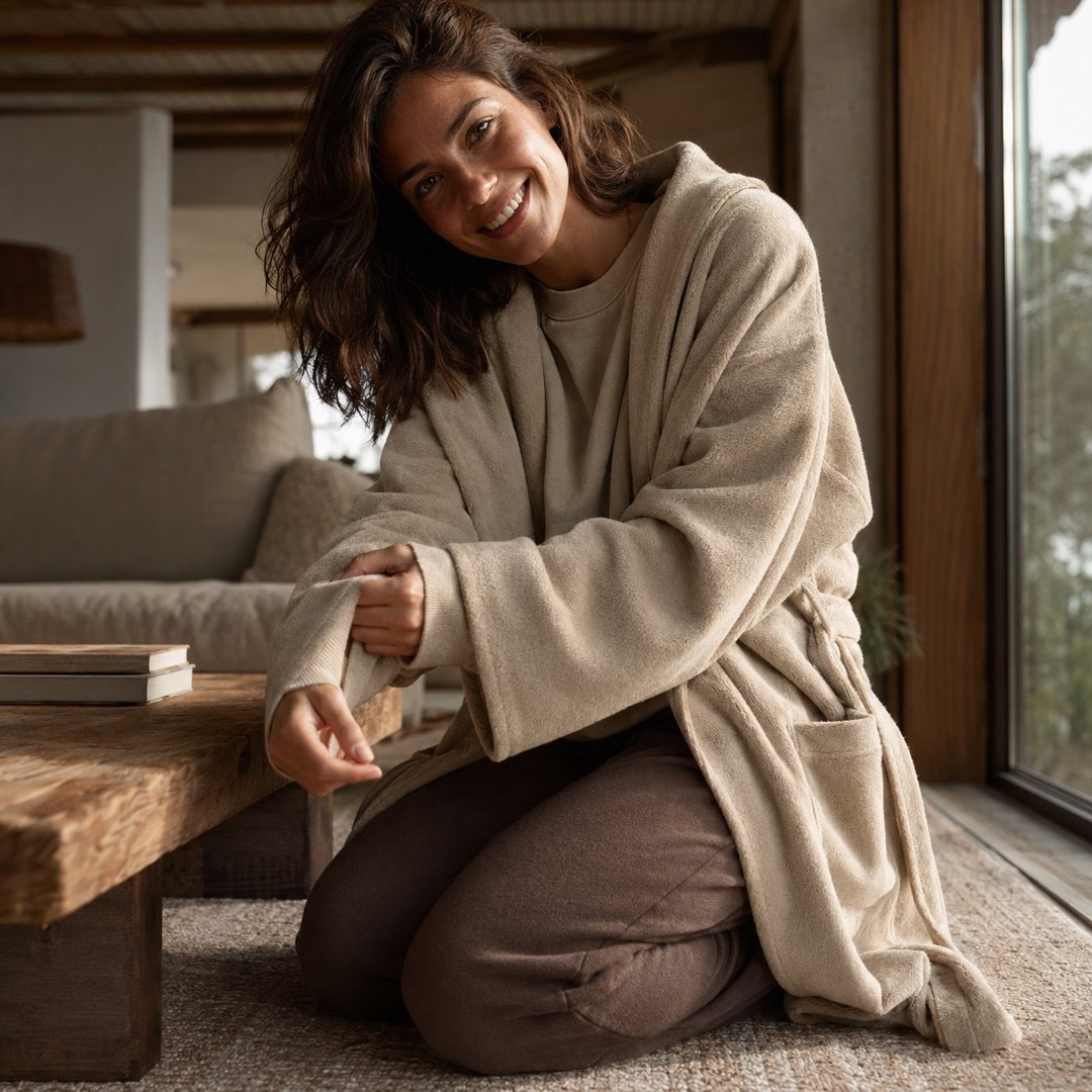 Willowdene fleece lounge robe — Fleece Loungewear by MOUDEST. worn by a model.