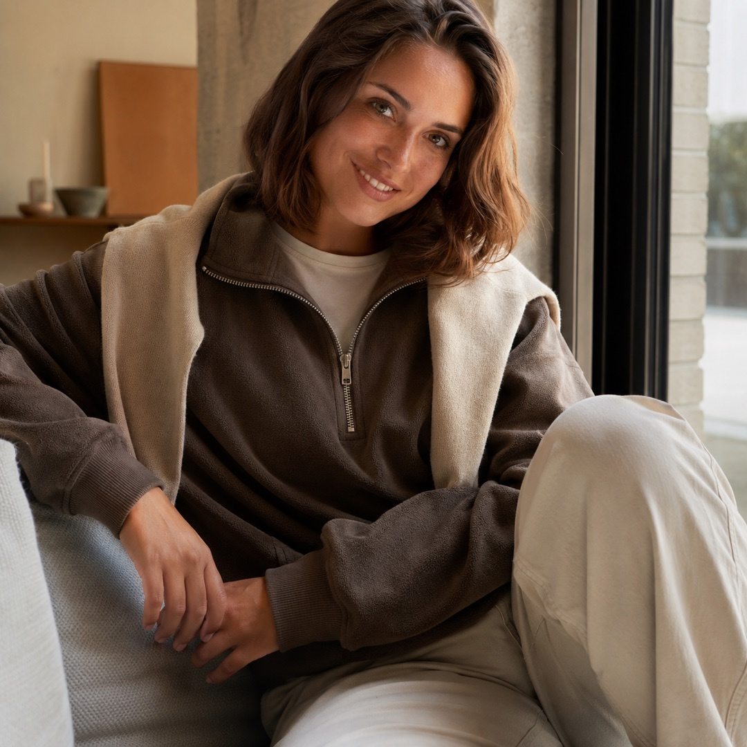 Linden half-zip fleece pullover — Fleece Loungewear by MOUDEST. worn by a model.