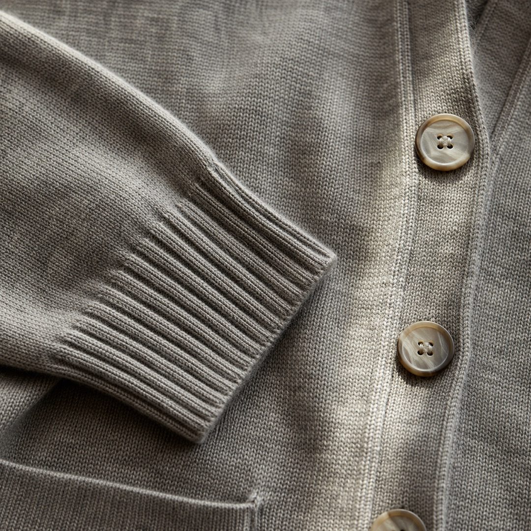 Linden cropped button cardigan — Knitted Cardigans by MOUDEST. close detail of the fabric and finish.