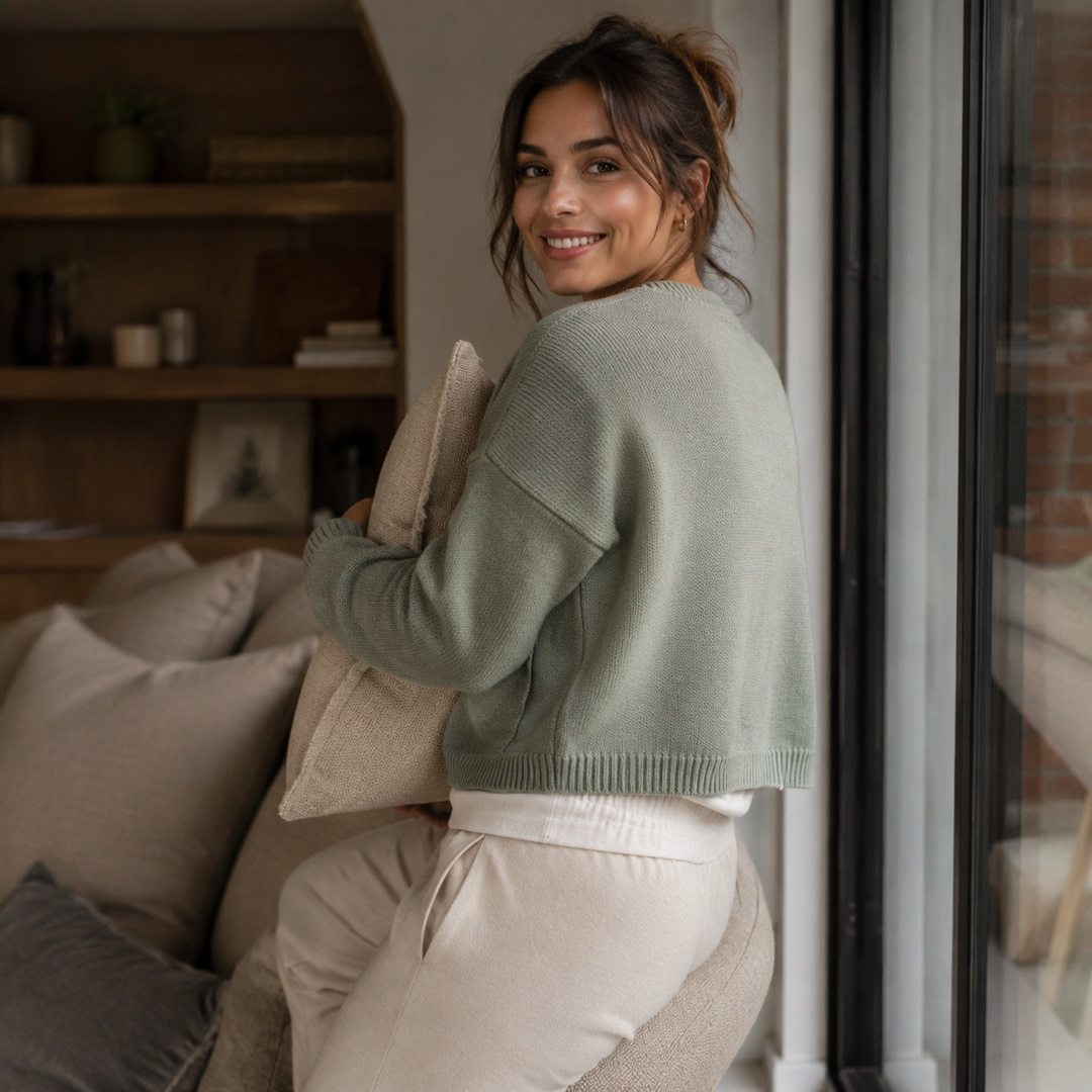 Linden cropped button cardigan — Knitted Cardigans by MOUDEST. worn by a model, side view.