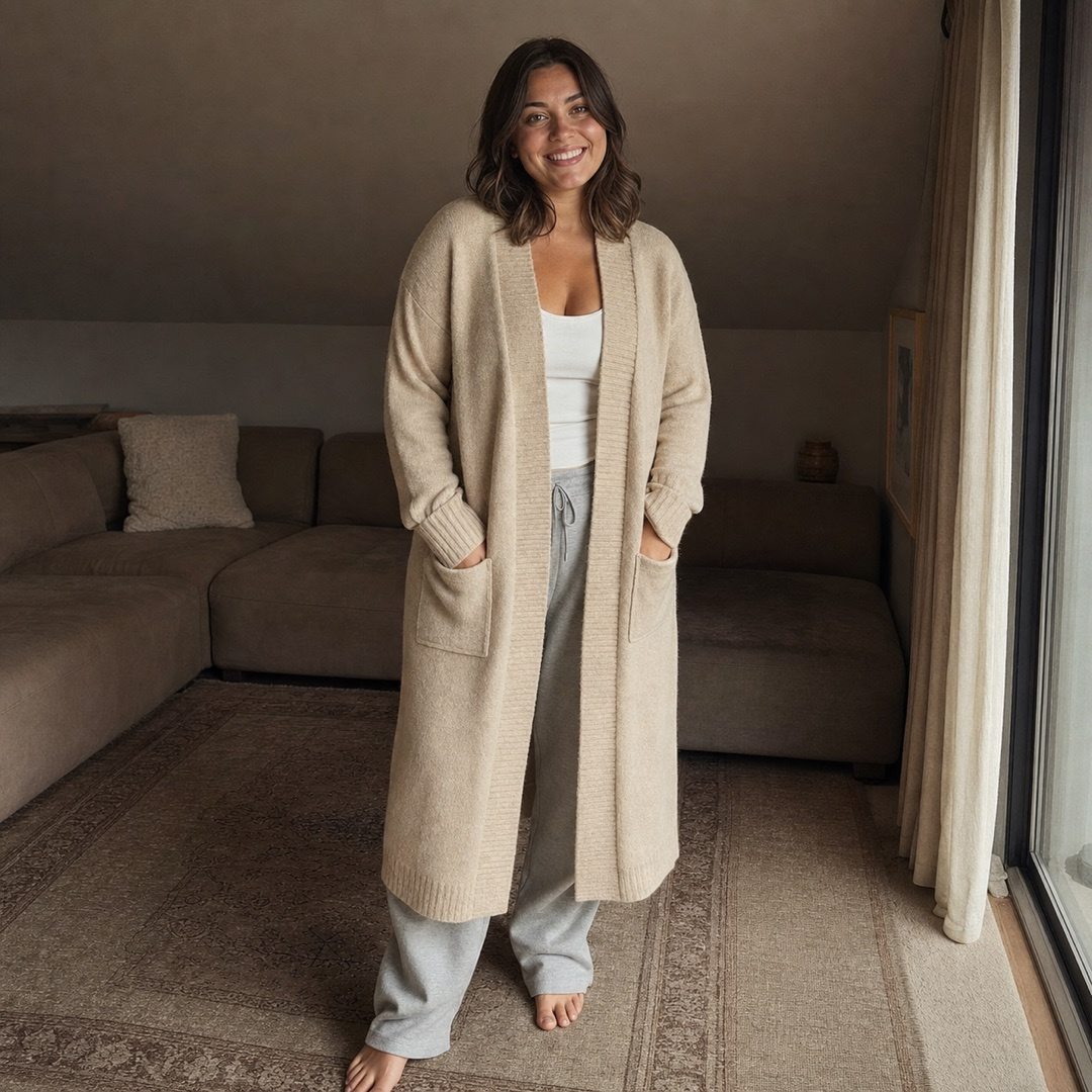 Kestrel longline knitted cardigan — Knitted Cardigans by MOUDEST. worn by a model.