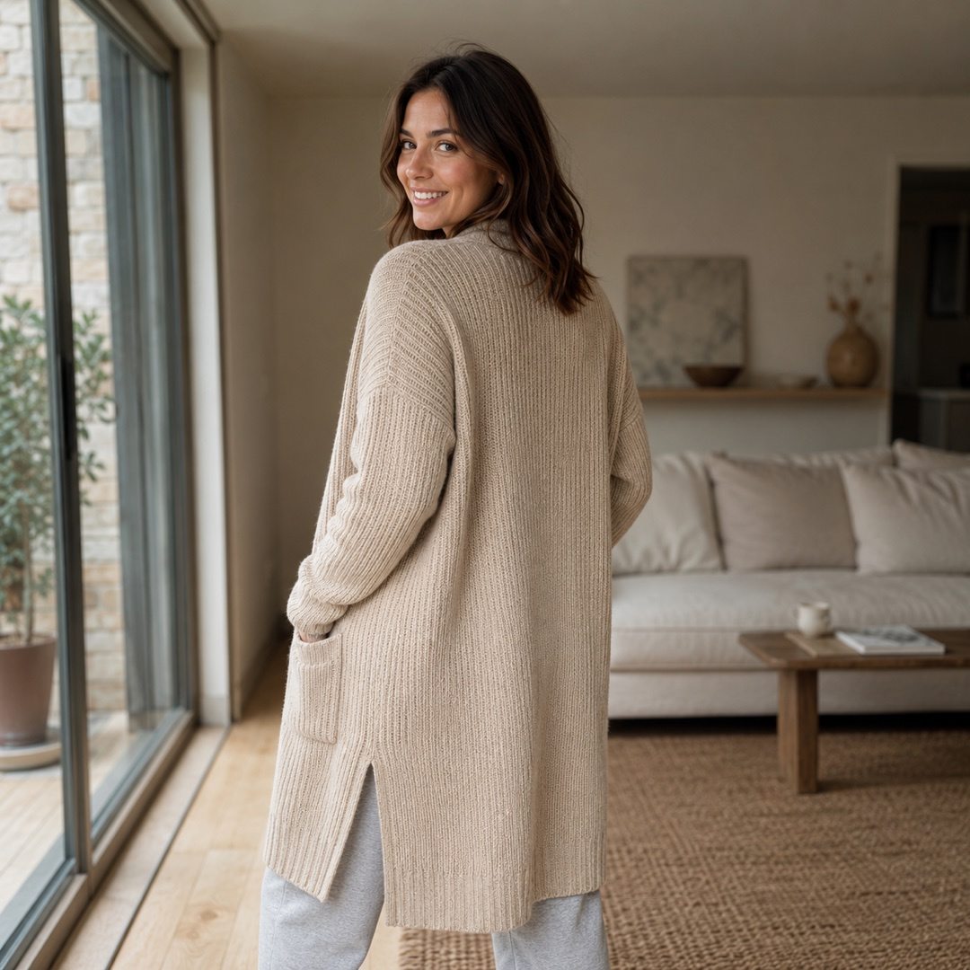 Kestrel longline knitted cardigan — Knitted Cardigans by MOUDEST. worn by a model, side view.