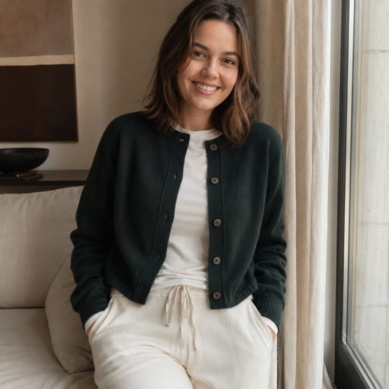 Willowdene cropped button cardigan — Knitted Cardigans by MOUDEST. worn by a model.