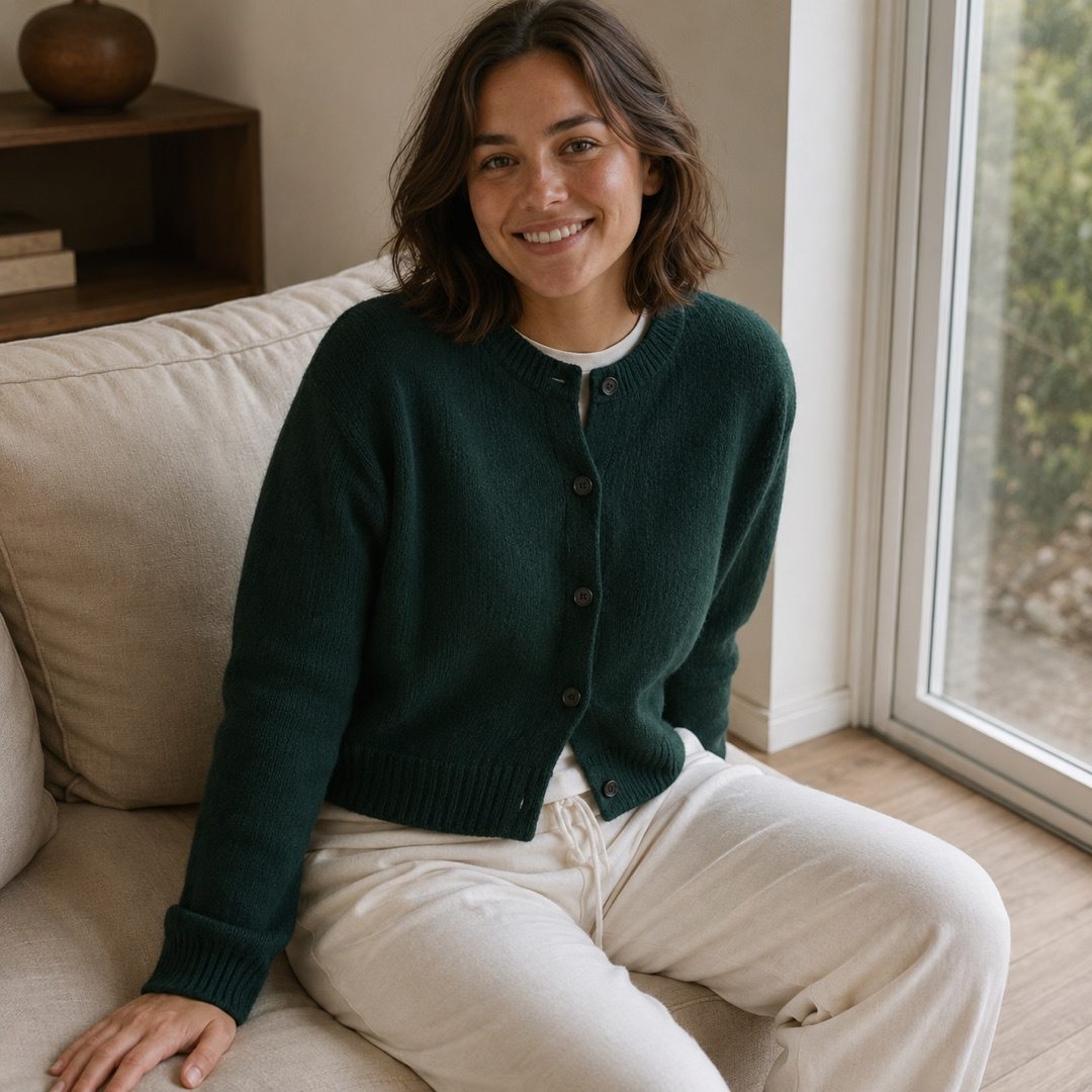 Willowdene cropped button cardigan — Knitted Cardigans by MOUDEST. worn by a model, side view.