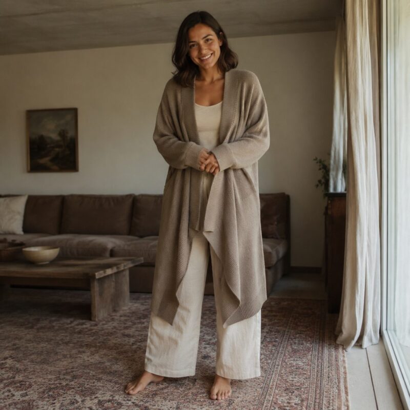 Fernhaugh open-front knitted wrap — Knitted Cardigans by MOUDEST. worn by a model.
