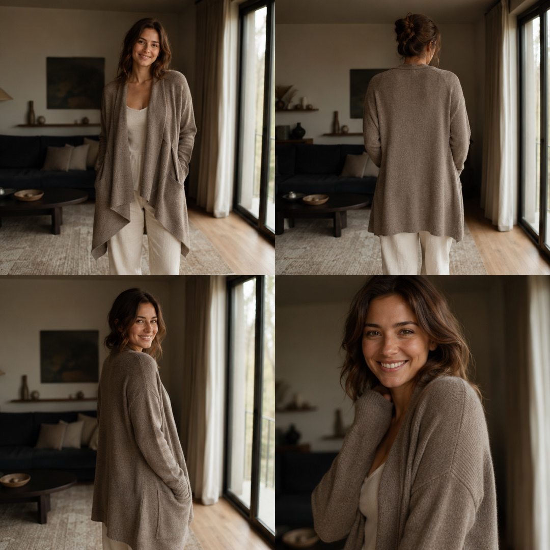 Fernhaugh open-front knitted wrap — Knitted Cardigans by MOUDEST. worn by a model, side view.