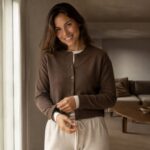 Dunmere cropped button cardigan — Knitted Cardigans by MOUDEST. worn by a model.