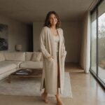 Hazelmere longline knitted cardigan — Knitted Cardigans by MOUDEST. worn by a model.