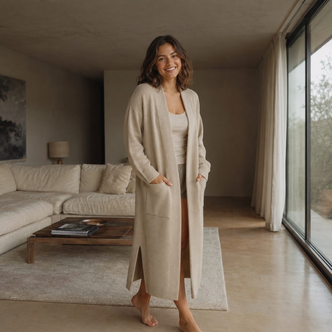 Hazelmere longline knitted cardigan — Knitted Cardigans by MOUDEST. worn by a model.