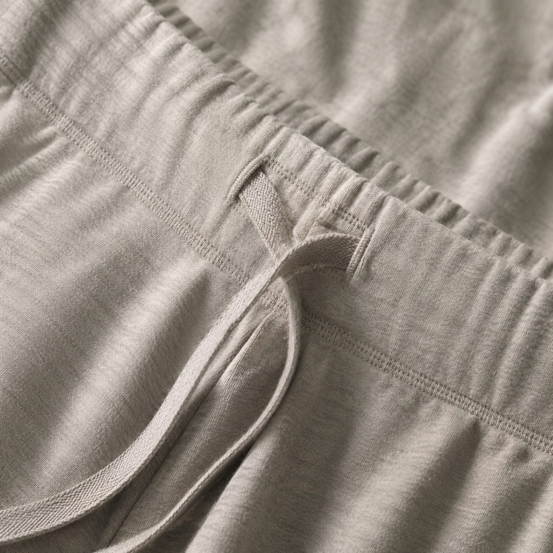 Rushmere drawstring palazzo trouser — Lounge Trousers by MOUDEST. close detail of the fabric and finish.