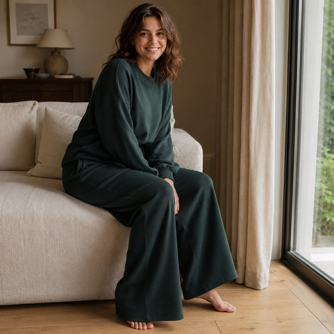Rushmere drawstring palazzo trouser — Lounge Trousers by MOUDEST. worn by a model.
