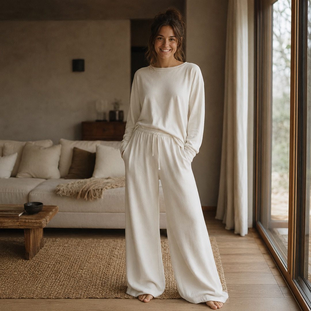 Fernhaugh wide-leg lounge trouser — Lounge Trousers by MOUDEST. worn by a model.