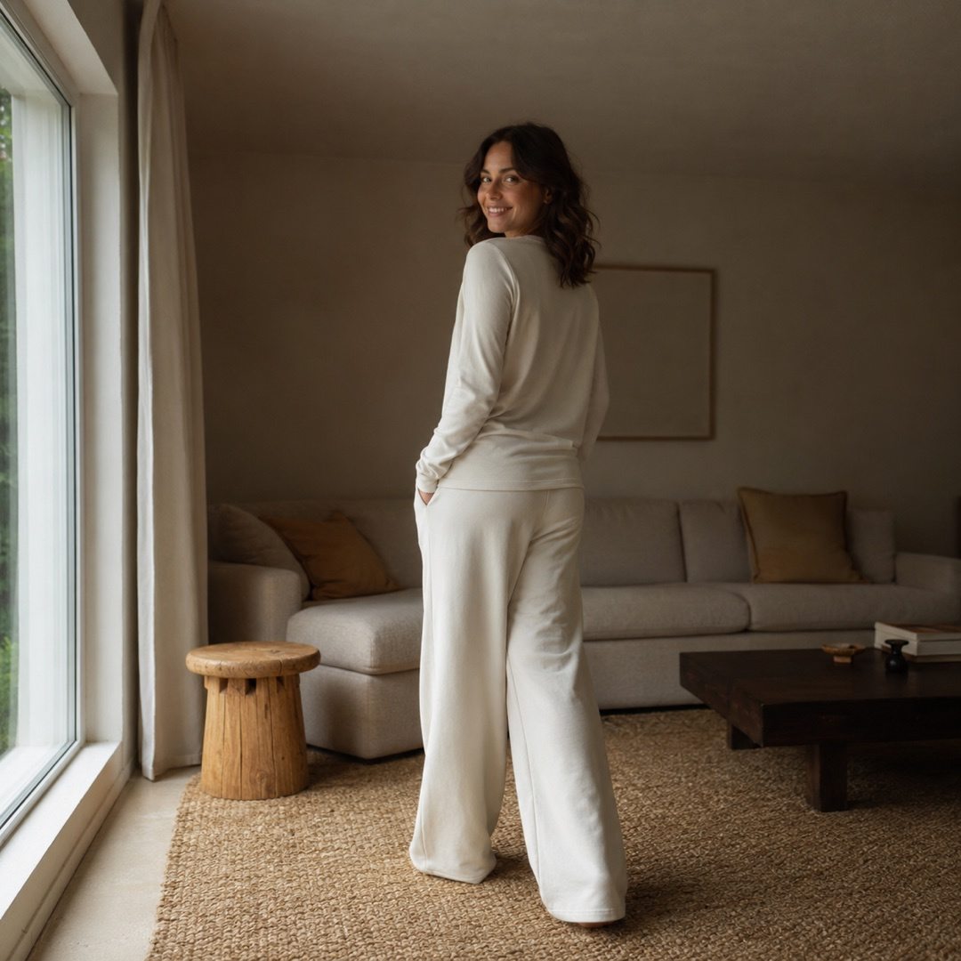 Fernhaugh wide-leg lounge trouser — Lounge Trousers by MOUDEST. worn by a model, side view.