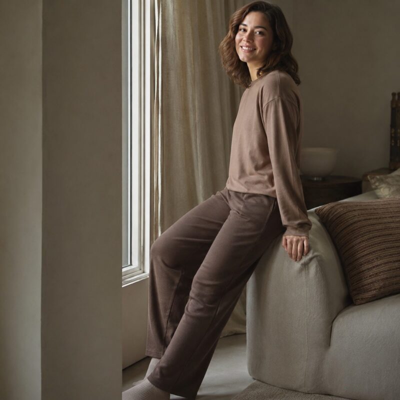 Willowdene cropped rib lounge trouser — Lounge Trousers by MOUDEST. worn by a model.