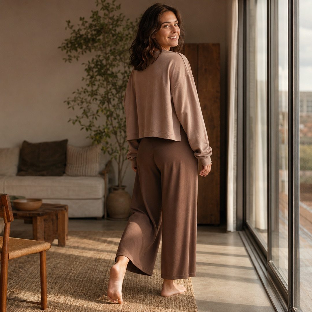 Willowdene cropped rib lounge trouser — Lounge Trousers by MOUDEST. worn by a model, side view.
