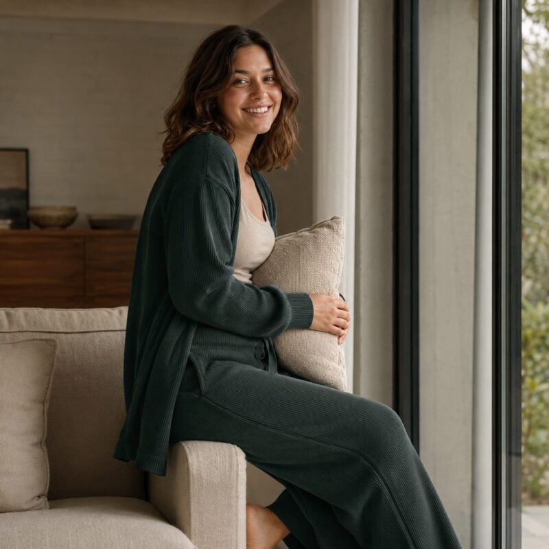 Marlow wide-leg lounge trouser — Lounge Trousers by MOUDEST. worn by a model.