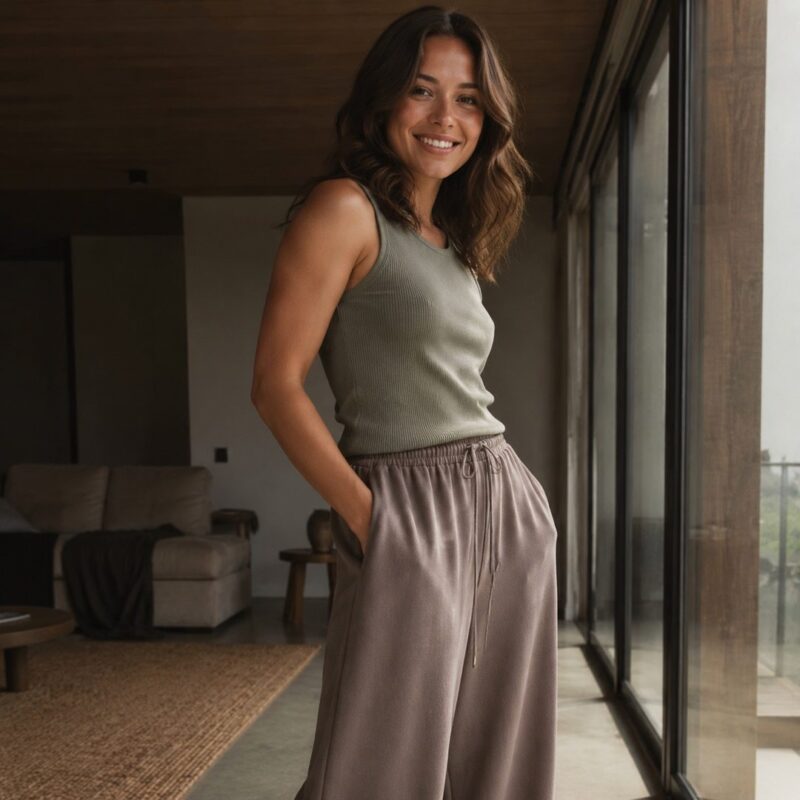 Hollington drawstring palazzo trouser — Lounge Trousers by MOUDEST. worn by a model.