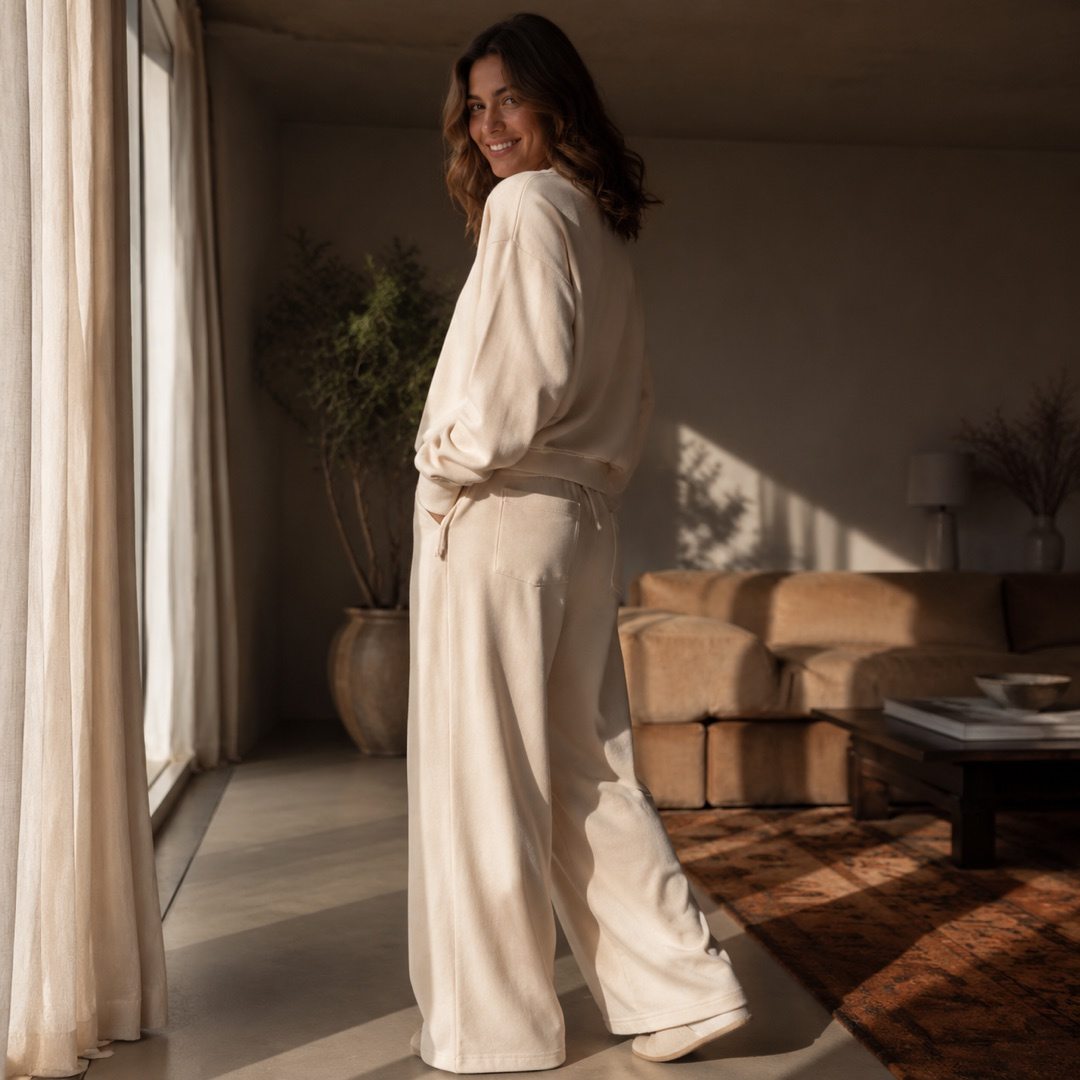 Hazelmere drawstring palazzo trouser — Lounge Trousers by MOUDEST. worn by a model, side view.