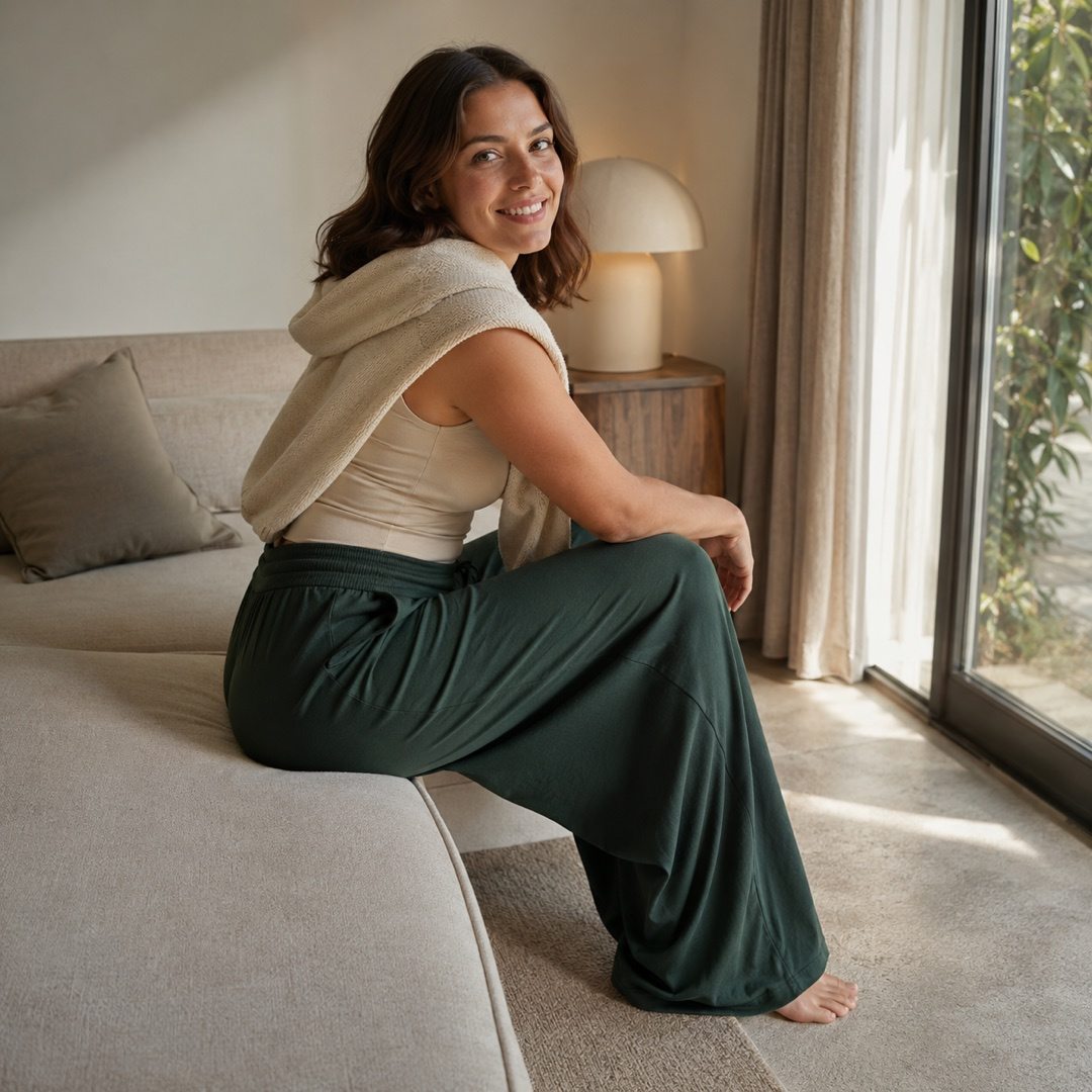 Thornbury drawstring palazzo trouser — Lounge Trousers by MOUDEST. worn by a model.