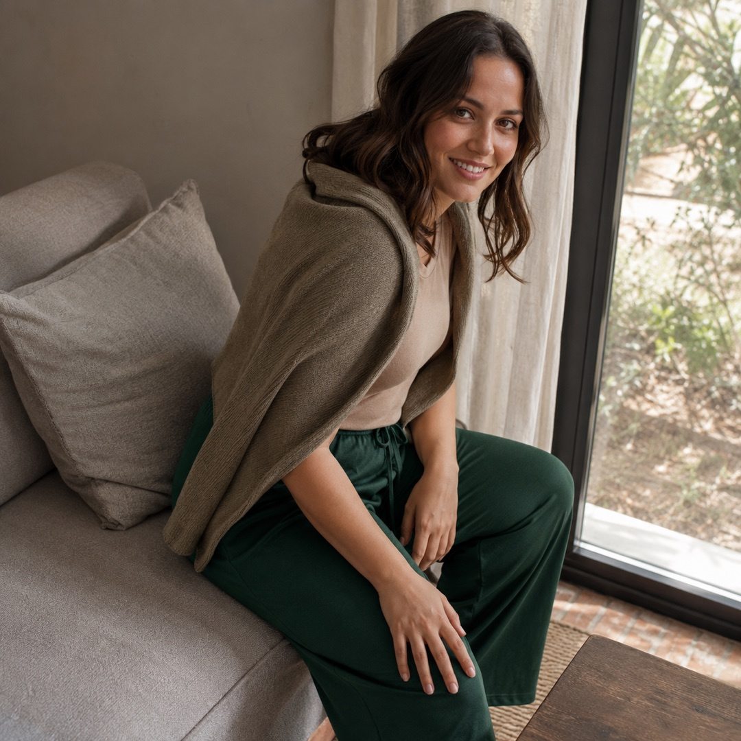 Thornbury drawstring palazzo trouser — Lounge Trousers by MOUDEST. worn by a model, side view.