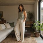 Cotswell drawstring palazzo trouser — Lounge Trousers by MOUDEST. worn by a model.