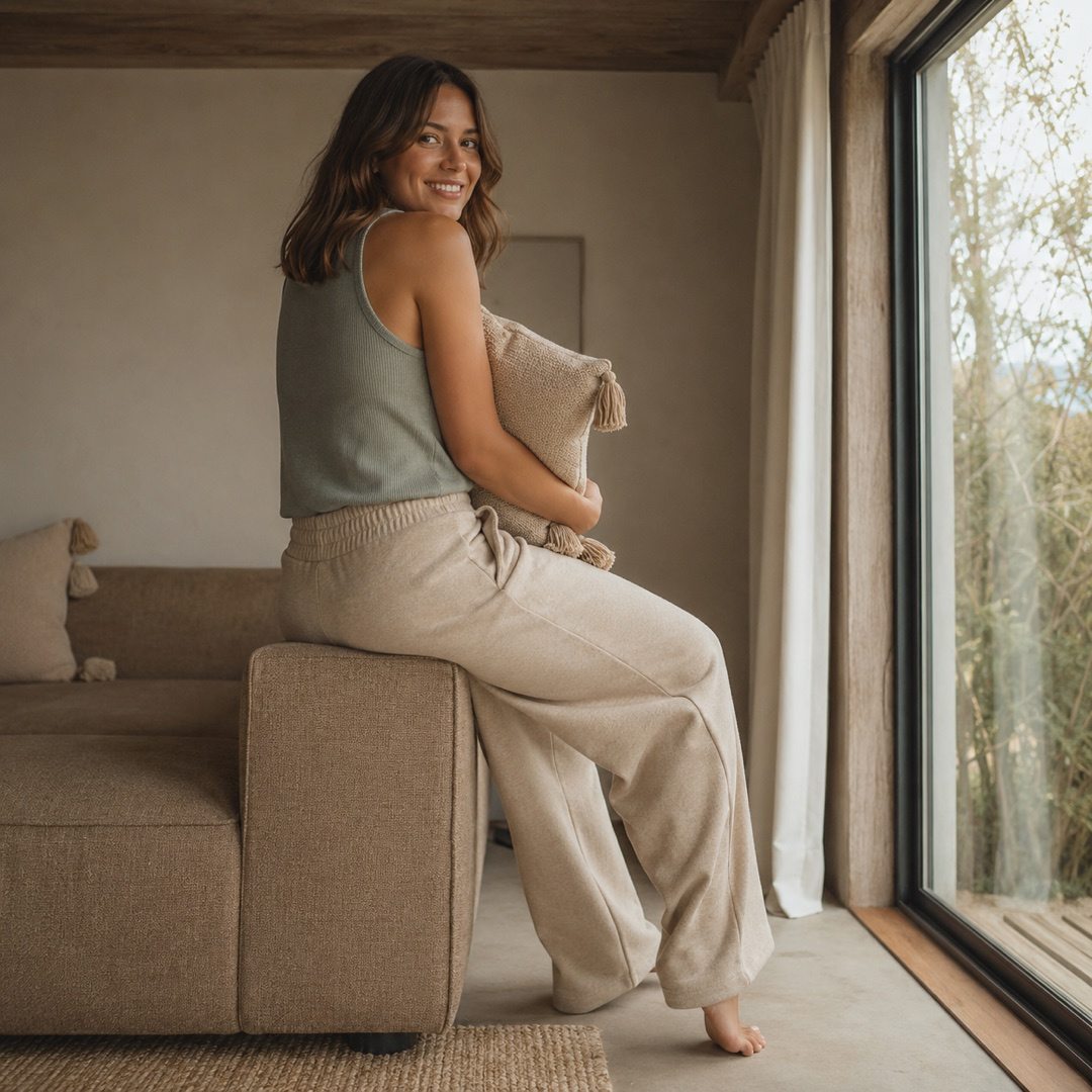 Alderway wide-leg lounge trouser — Lounge Trousers by MOUDEST. worn by a model, side view.