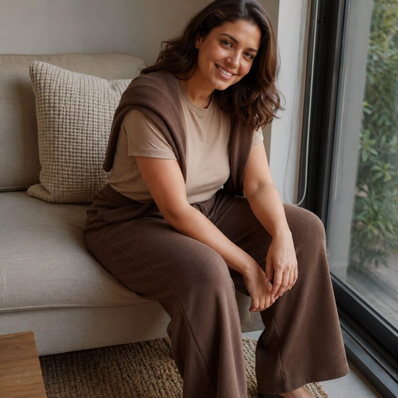 Dunmere drawstring palazzo trouser — Lounge Trousers by MOUDEST. worn by a model.