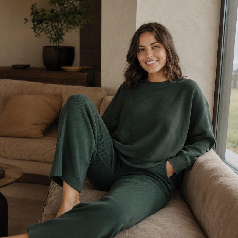 Sedgemoor cropped rib lounge trouser — Lounge Trousers by MOUDEST. worn by a model.