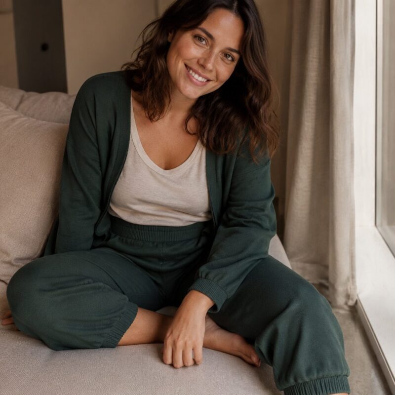 Ottersley cropped rib lounge trouser — Lounge Trousers by MOUDEST. worn by a model.