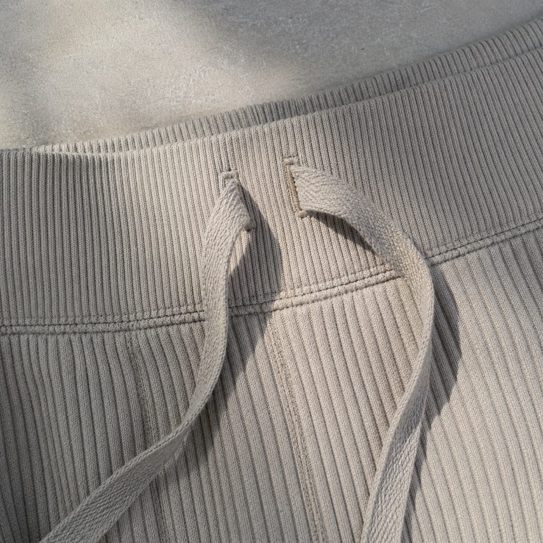 Pennine cropped rib lounge trouser — Lounge Trousers by MOUDEST. close detail of the fabric and finish.