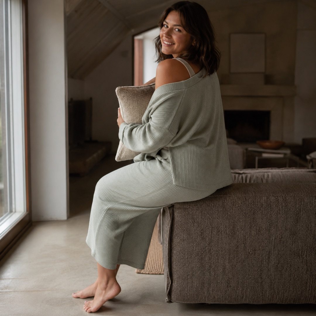 Pennine cropped rib lounge trouser — Lounge Trousers by MOUDEST. worn by a model, side view.