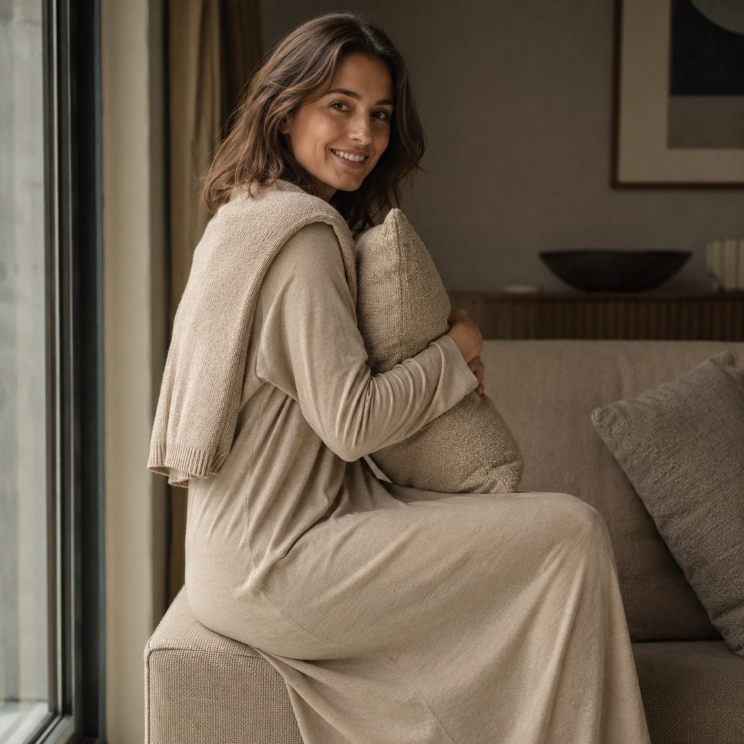 Marlow long-sleeve brushed night dress — Night Dresses by MOUDEST. worn by a model.