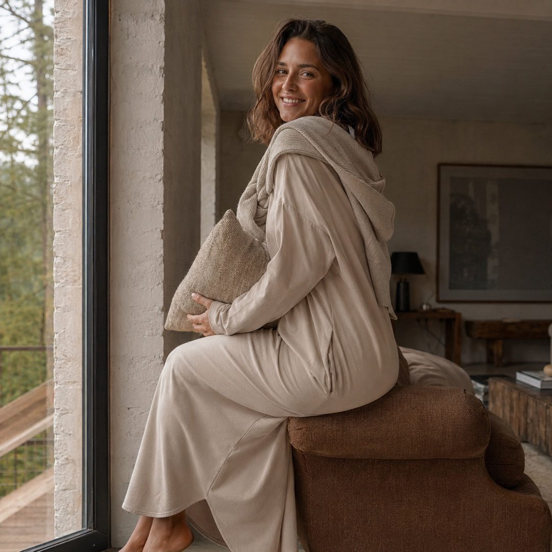 Marlow long-sleeve brushed night dress — Night Dresses by MOUDEST. worn by a model, side view.