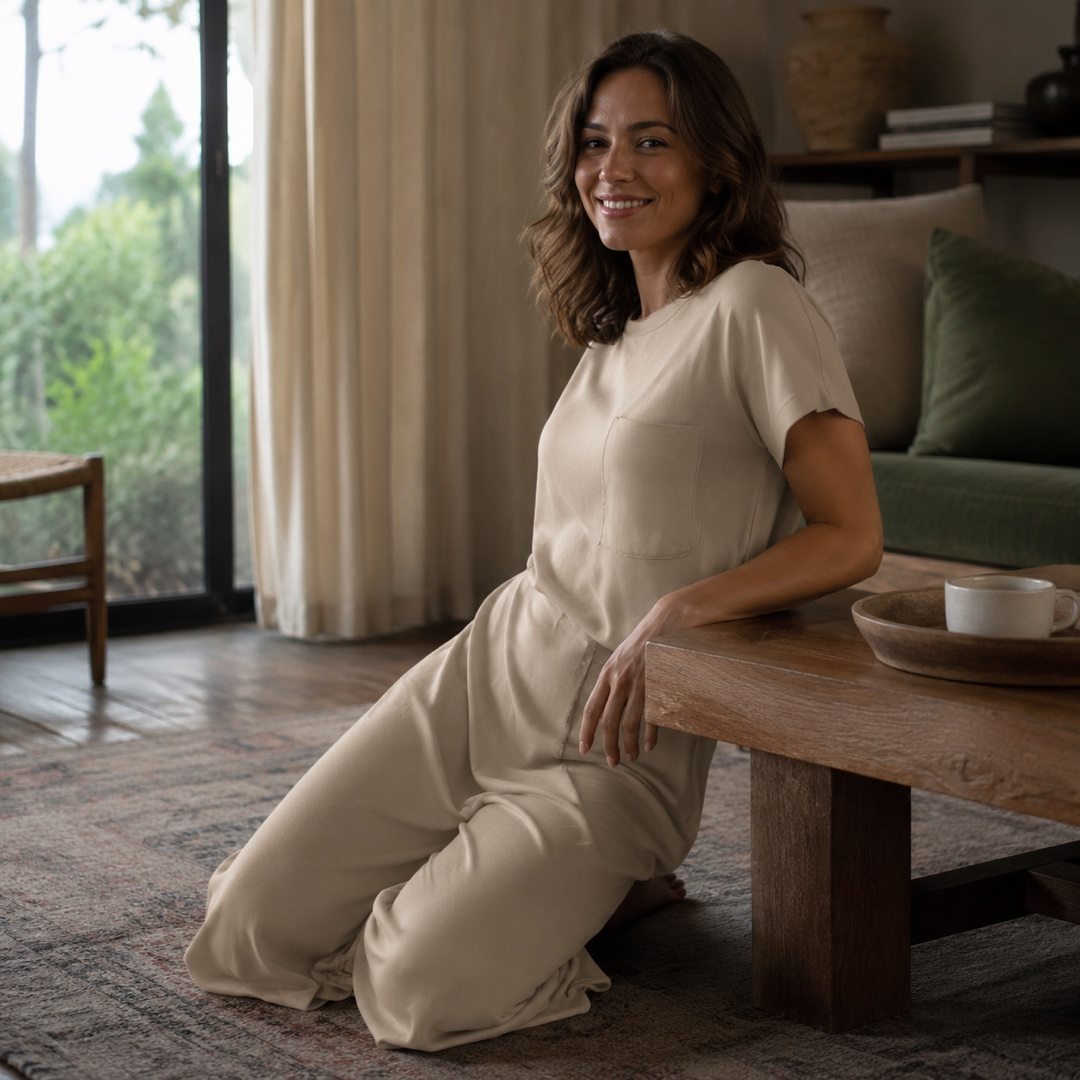 Linden short-sleeve cotton night dress — Night Dresses by MOUDEST. worn by a model, side view.