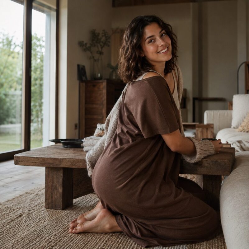 Dunmere short-sleeve cotton night dress — Night Dresses by MOUDEST. worn by a model.