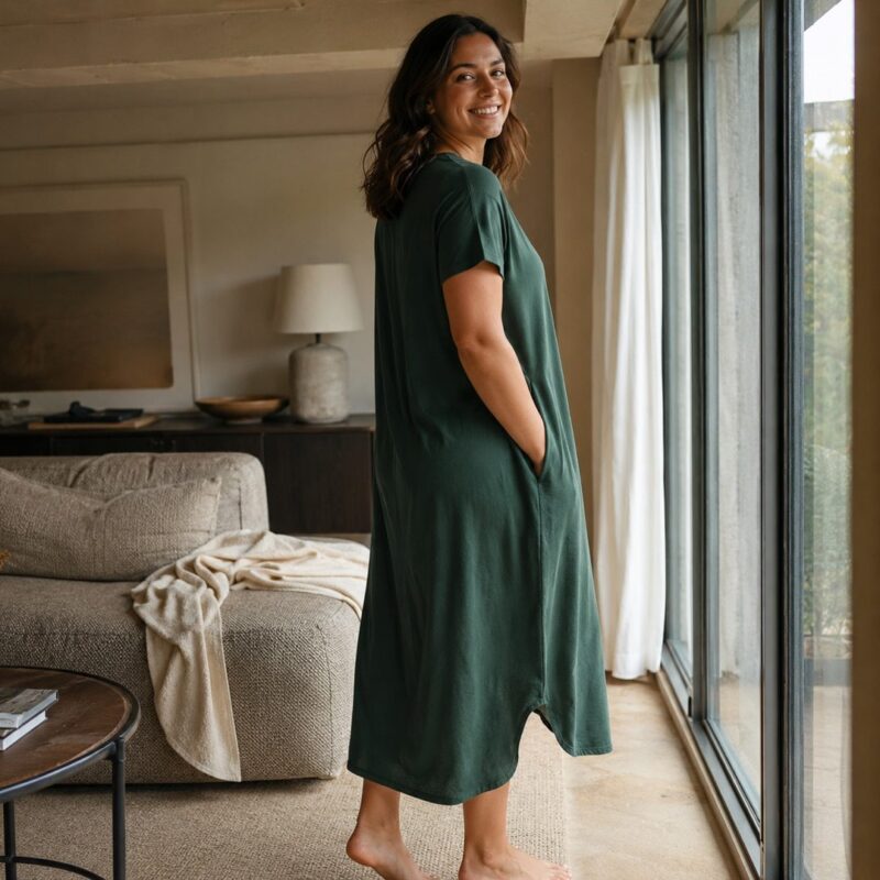 Larkspur short-sleeve cotton night dress — Night Dresses by MOUDEST. worn by a model.