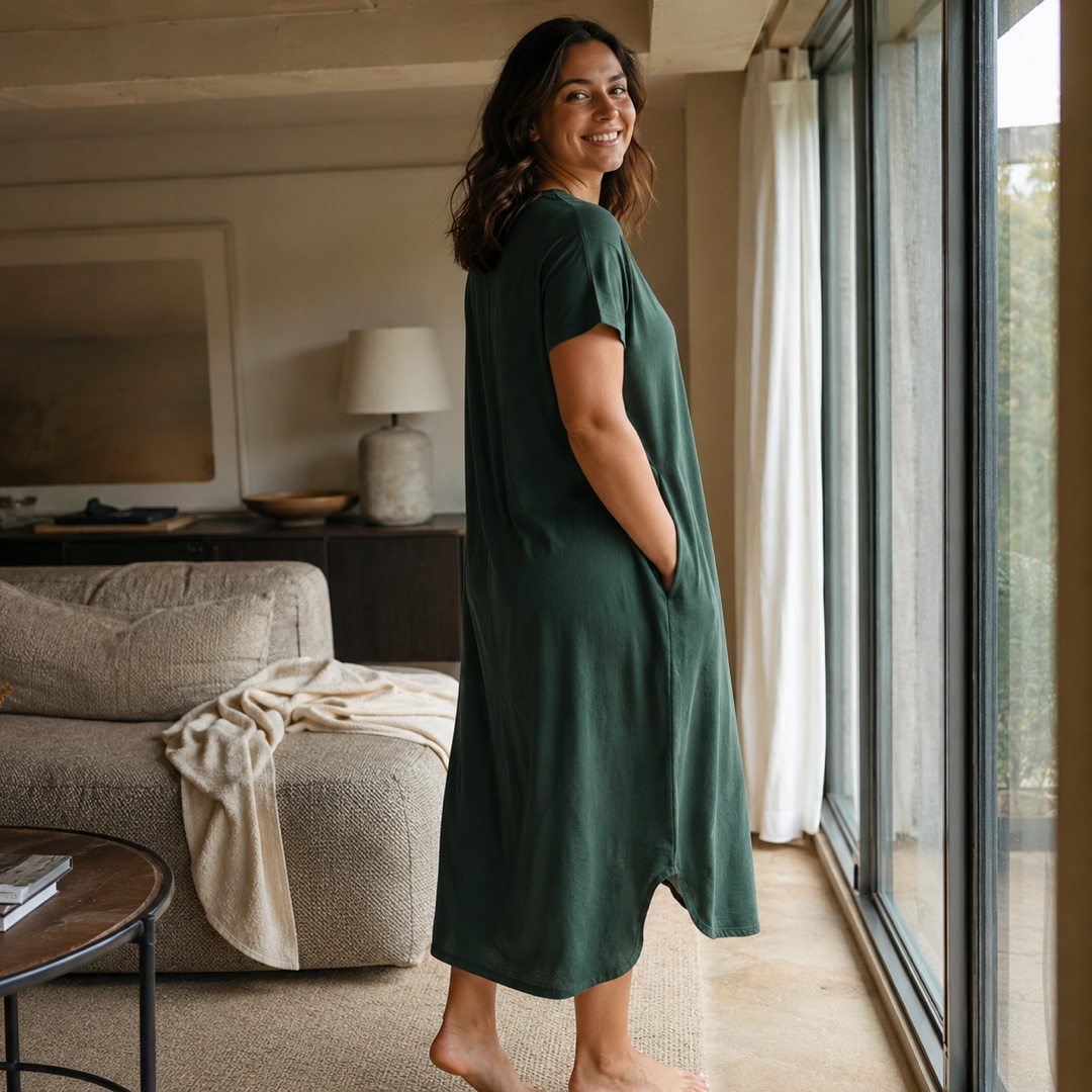 Larkspur short-sleeve cotton night dress — Night Dresses by MOUDEST. worn by a model.