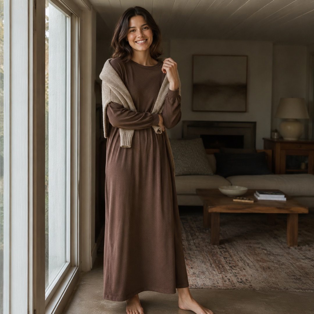Alderway long-sleeve brushed night dress — Night Dresses by MOUDEST. worn by a model.