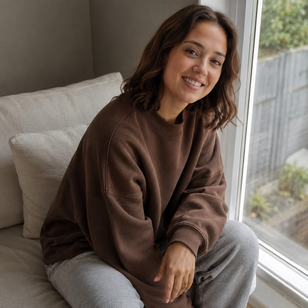 Larkspur crew sweatshirt — Sweat Sets by MOUDEST. worn by a model, side view.